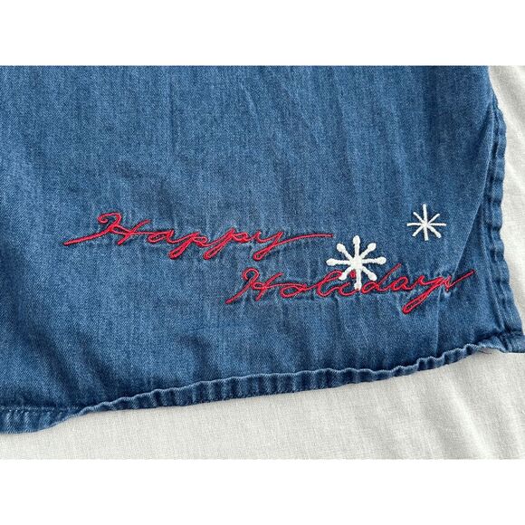 Karen Scott Happy Holidays 100% Cotton Denim Christmas Button Down Size 1X - Picture 7 of 9